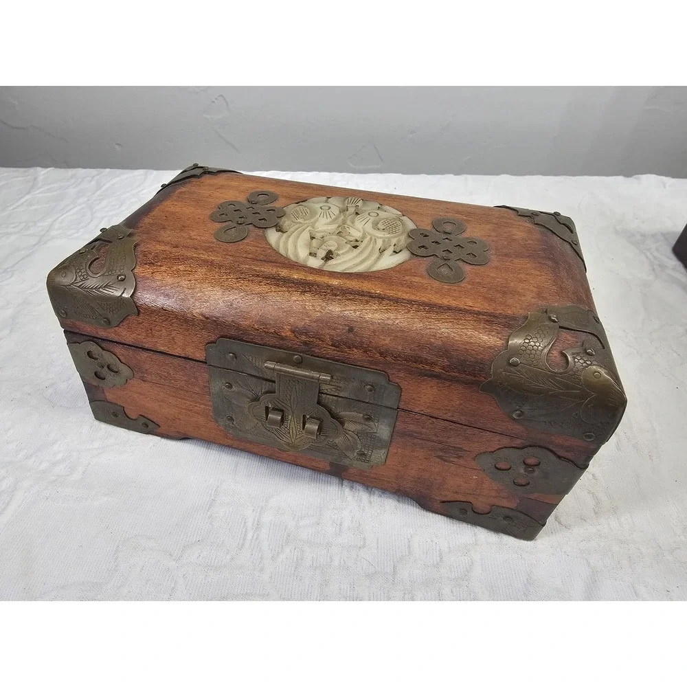 Vintage Wood Brass Jade Jewelry Box Carved Jade Inlay Shanghai‎ green Silk